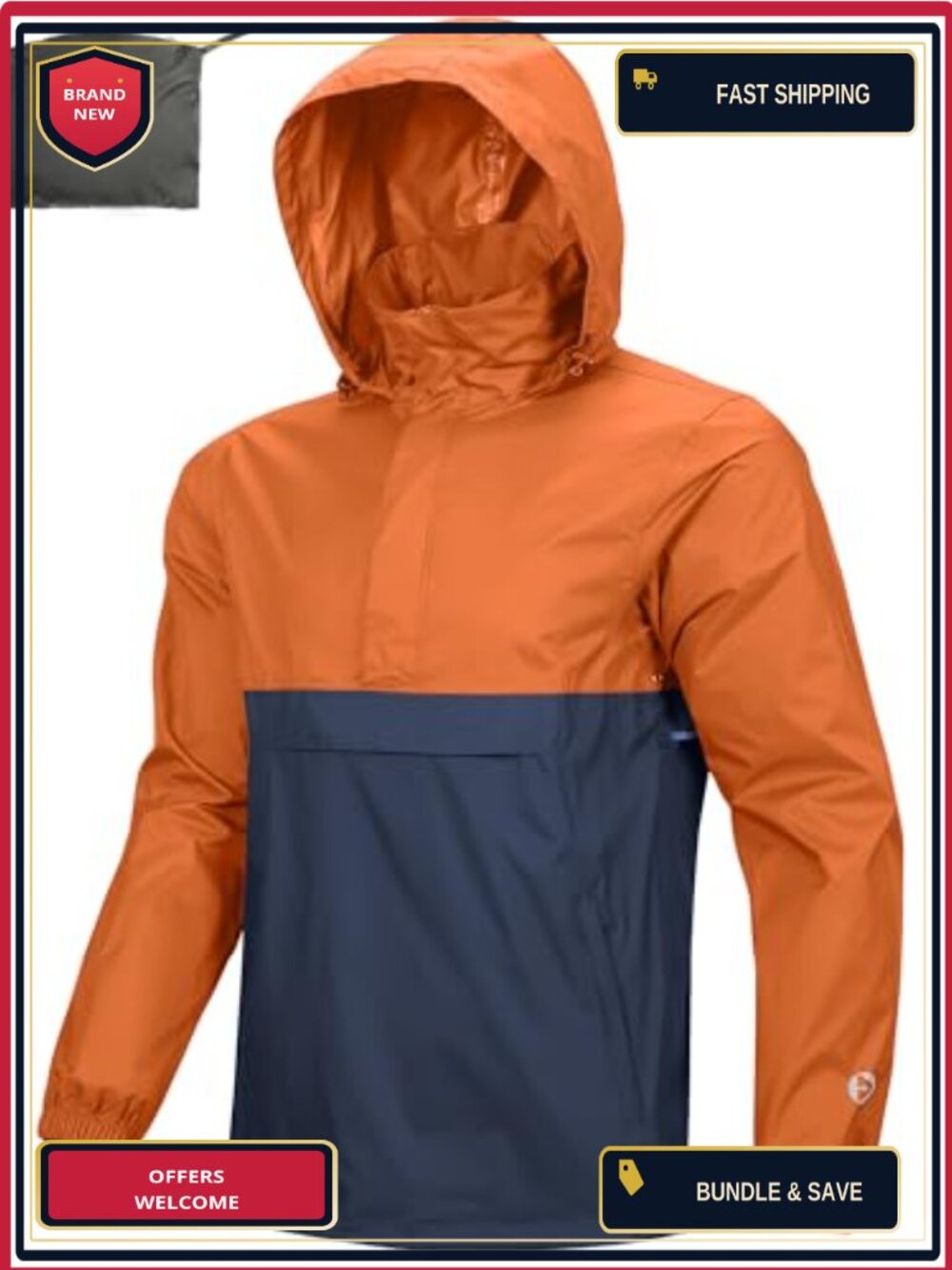 Waterproof Lightweight Packable Nylon Rain Jacket with Hood